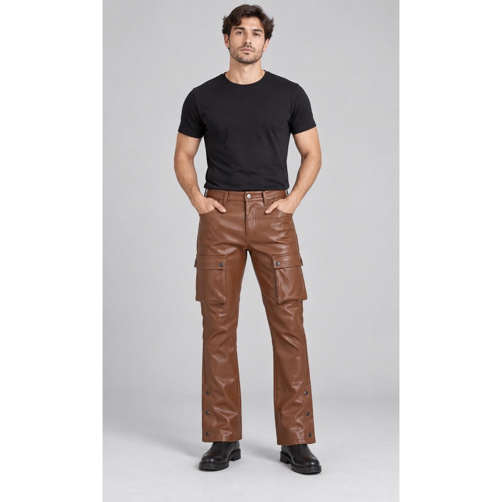 Rockstar Original Mens Faux Leather Cargo Pants Cognac Brown Snap Ankle Hem 34